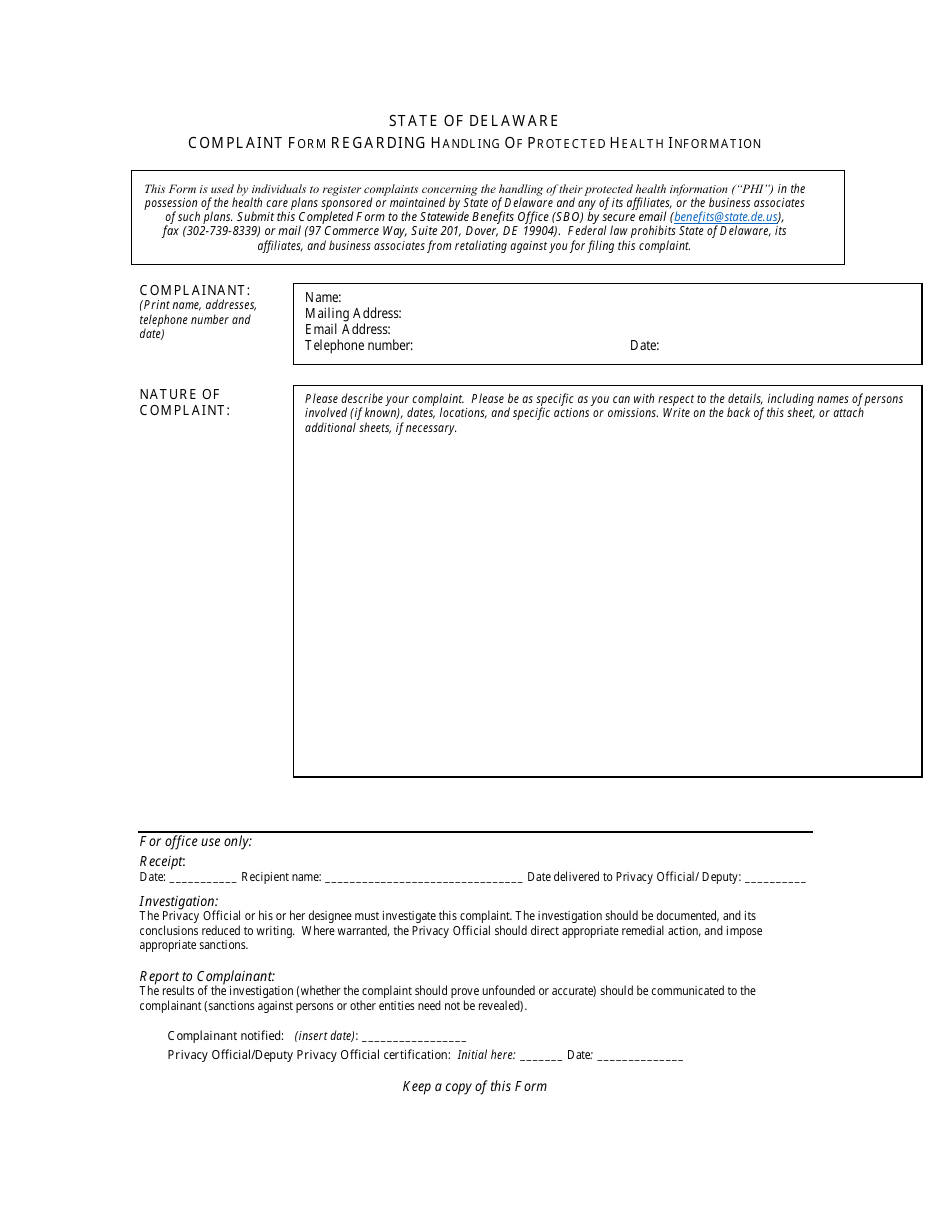 Complaint Form Regarding Handling of Protected Health Information - Delaware, Page 1