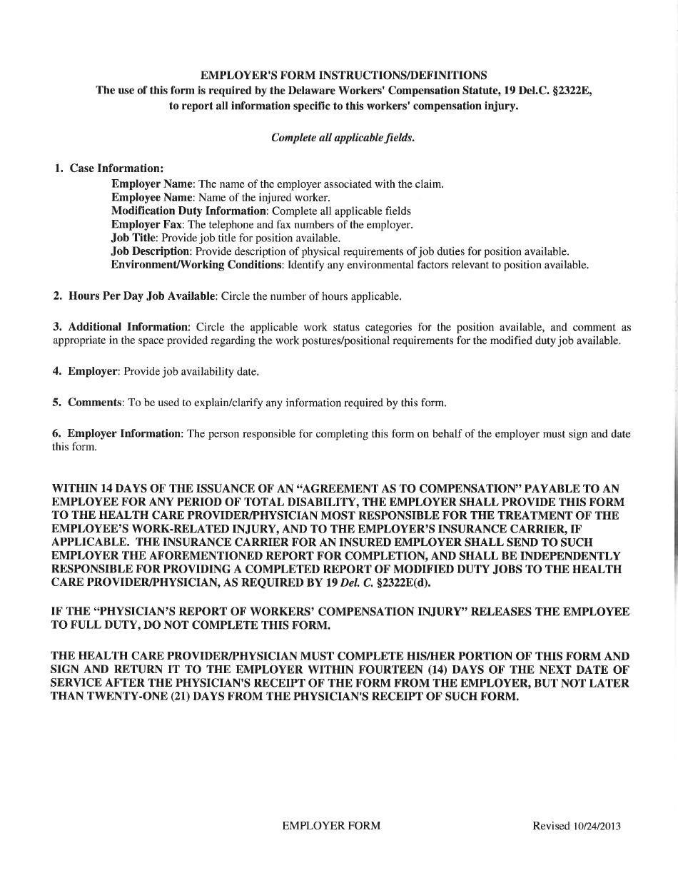 Employers Modified Duty Availability Report Form - Delaware, Page 1