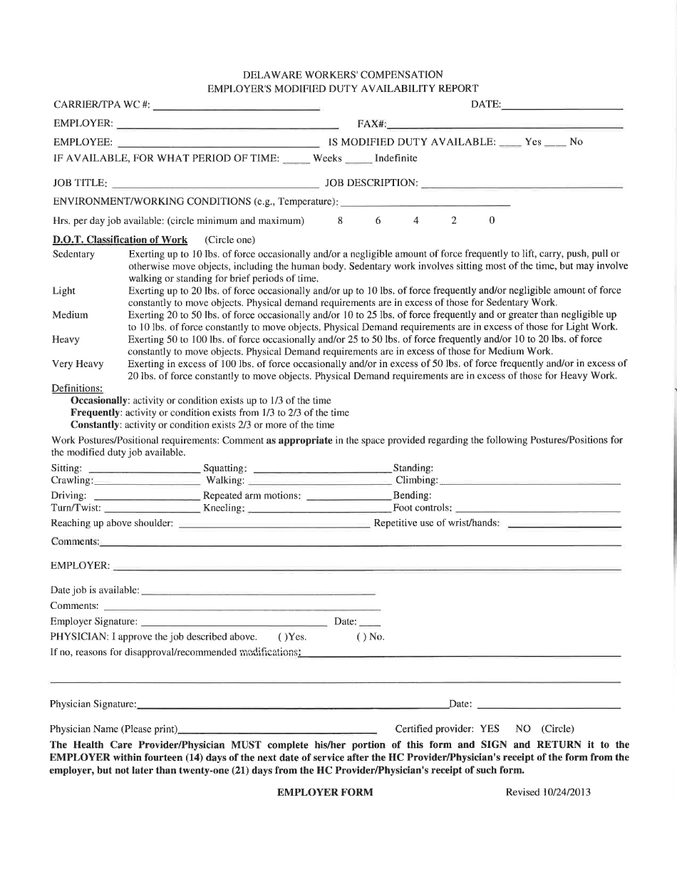 Delaware Employer's Modified Duty Availability Report Form - Fill Out ...