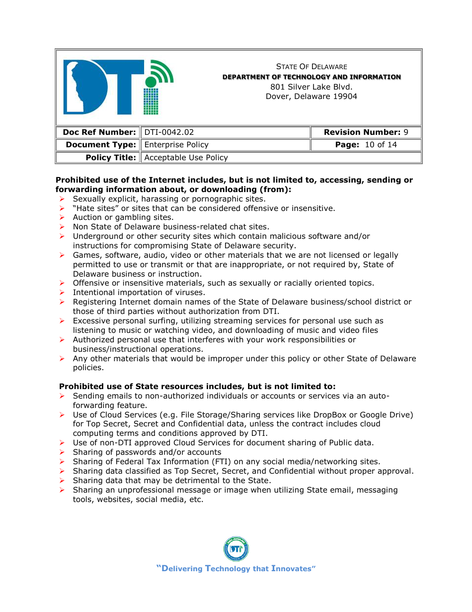 Form DTI-0042.02 Acceptable Use Policy Acknowledgment Statement - Delaware, Page 10