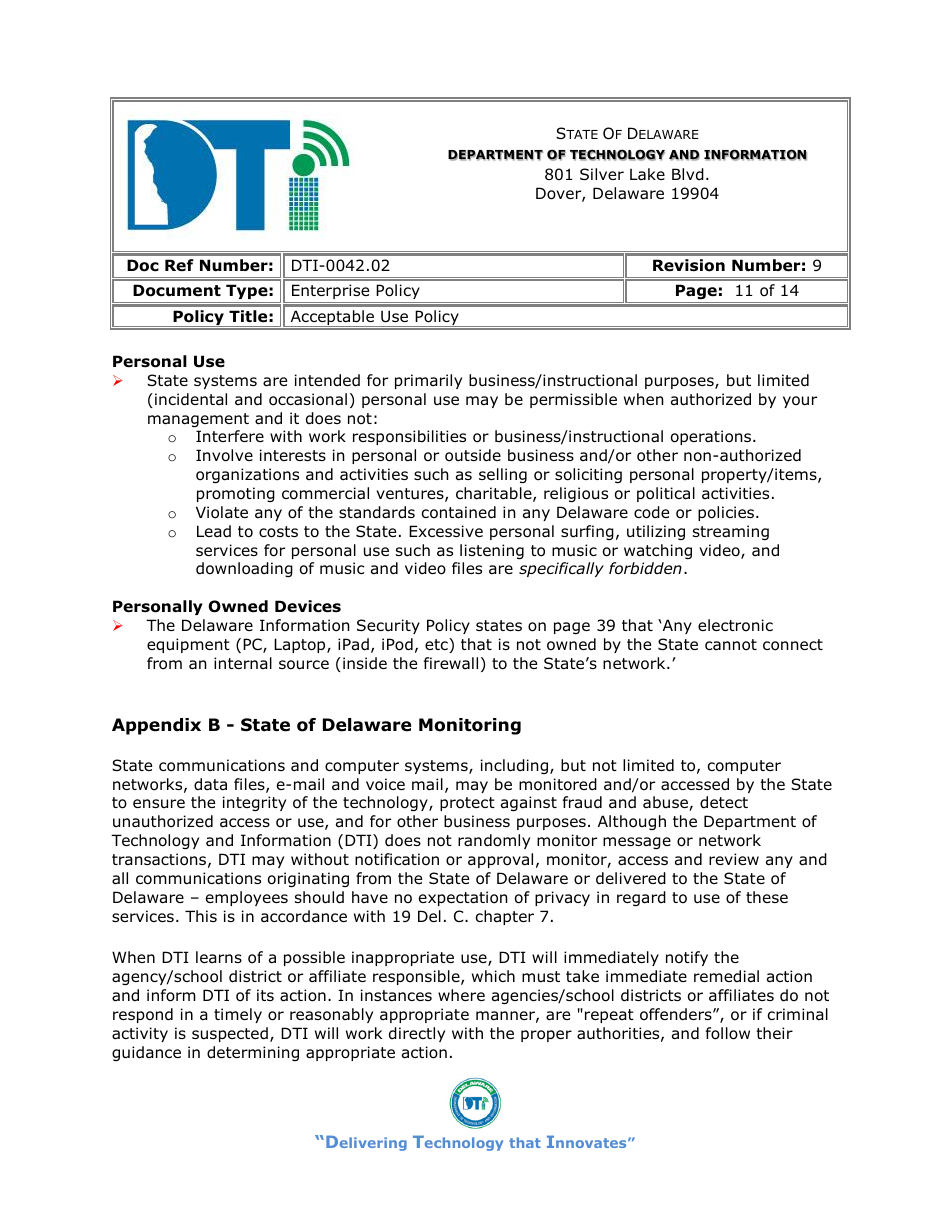Form DTI-0042.02 Acceptable Use Policy Acknowledgment Statement - Delaware, Page 11