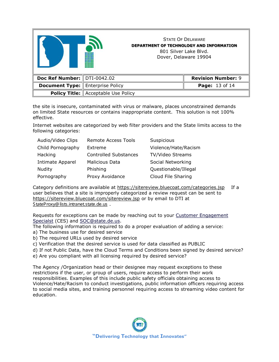 Form DTI-0042.02 Acceptable Use Policy Acknowledgment Statement - Delaware, Page 13