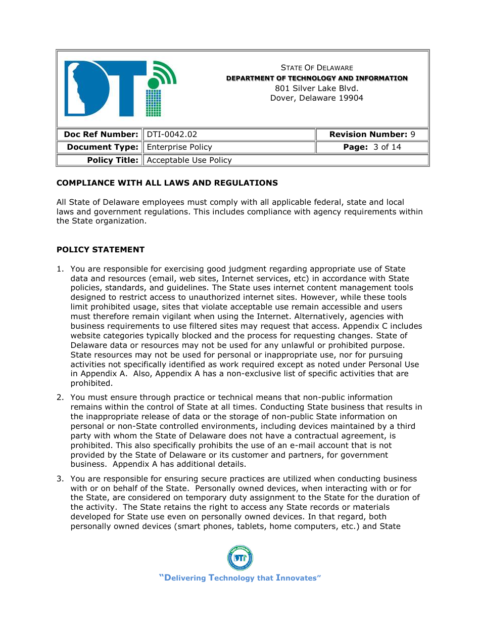 Form DTI-0042.02 Acceptable Use Policy Acknowledgment Statement - Delaware, Page 3