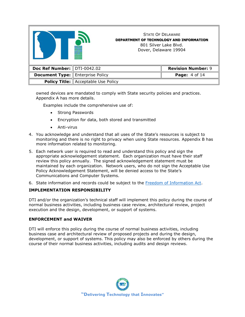 Form DTI-0042.02 Acceptable Use Policy Acknowledgment Statement - Delaware, Page 4