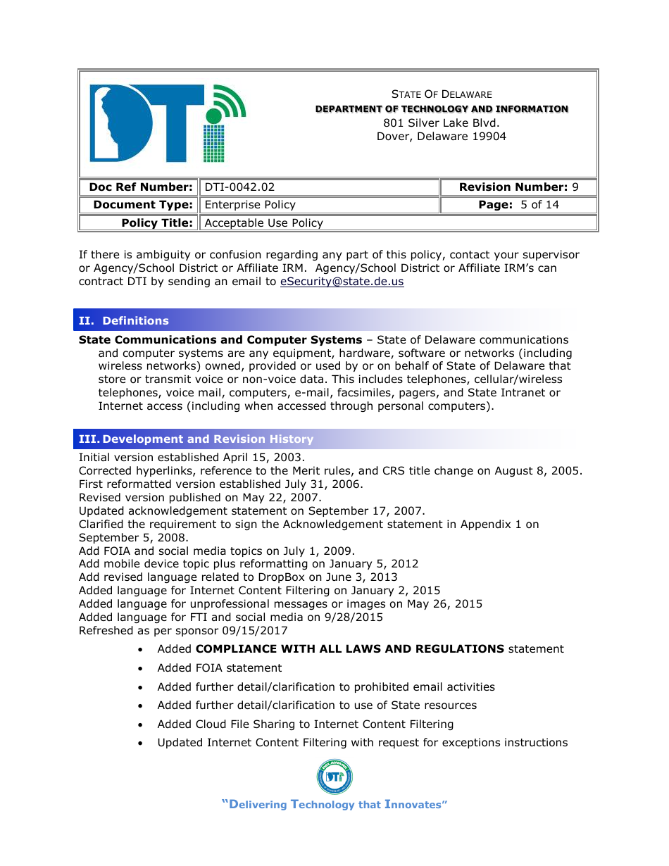 Form DTI-0042.02 Acceptable Use Policy Acknowledgment Statement - Delaware, Page 5