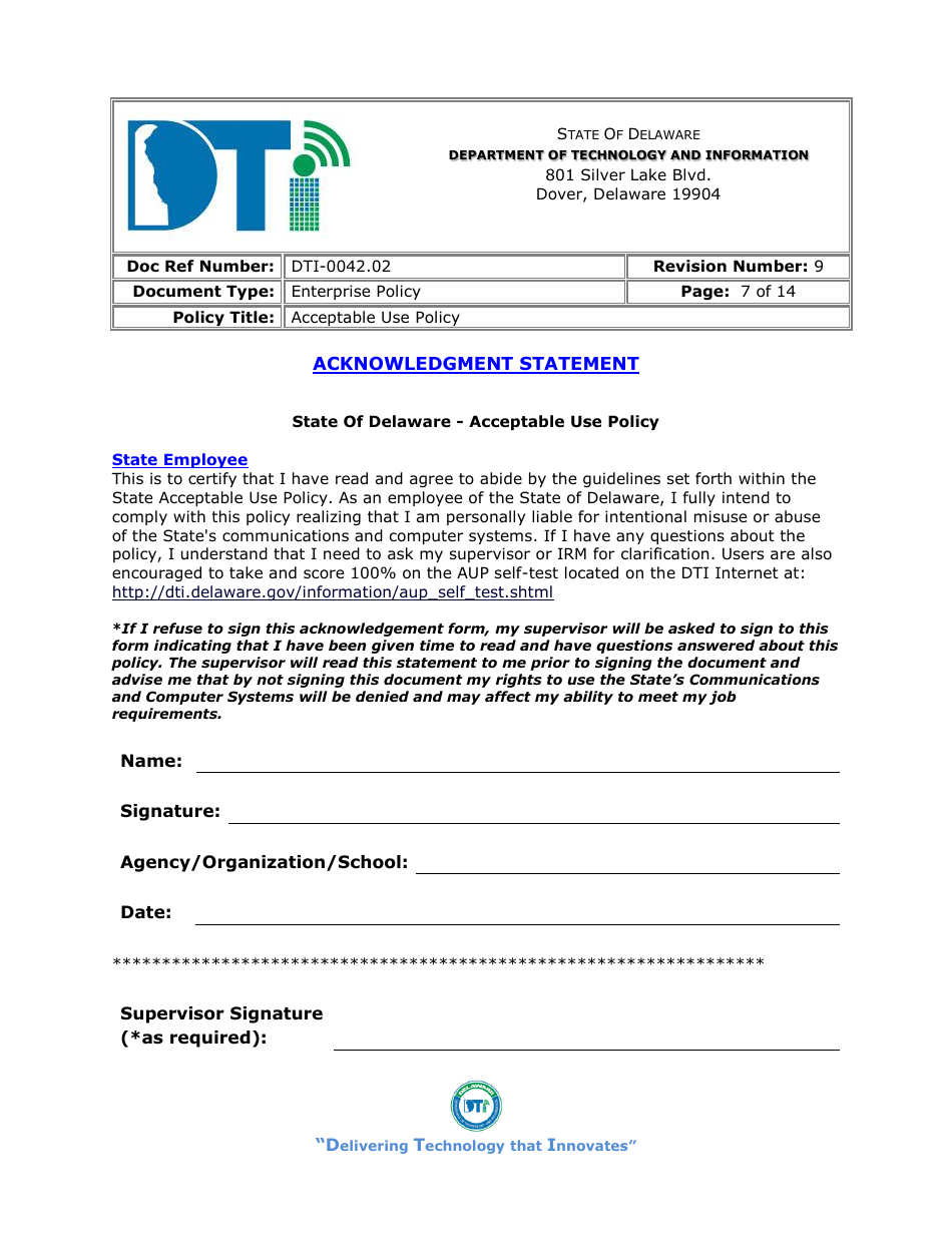 Form DTI-0042.02 Acceptable Use Policy Acknowledgment Statement - Delaware, Page 7