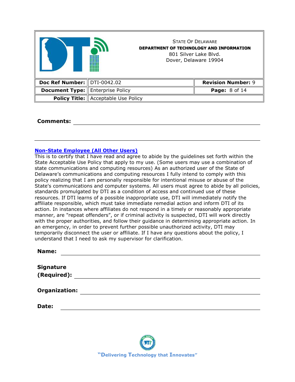 Form DTI-0042.02 Acceptable Use Policy Acknowledgment Statement - Delaware, Page 8