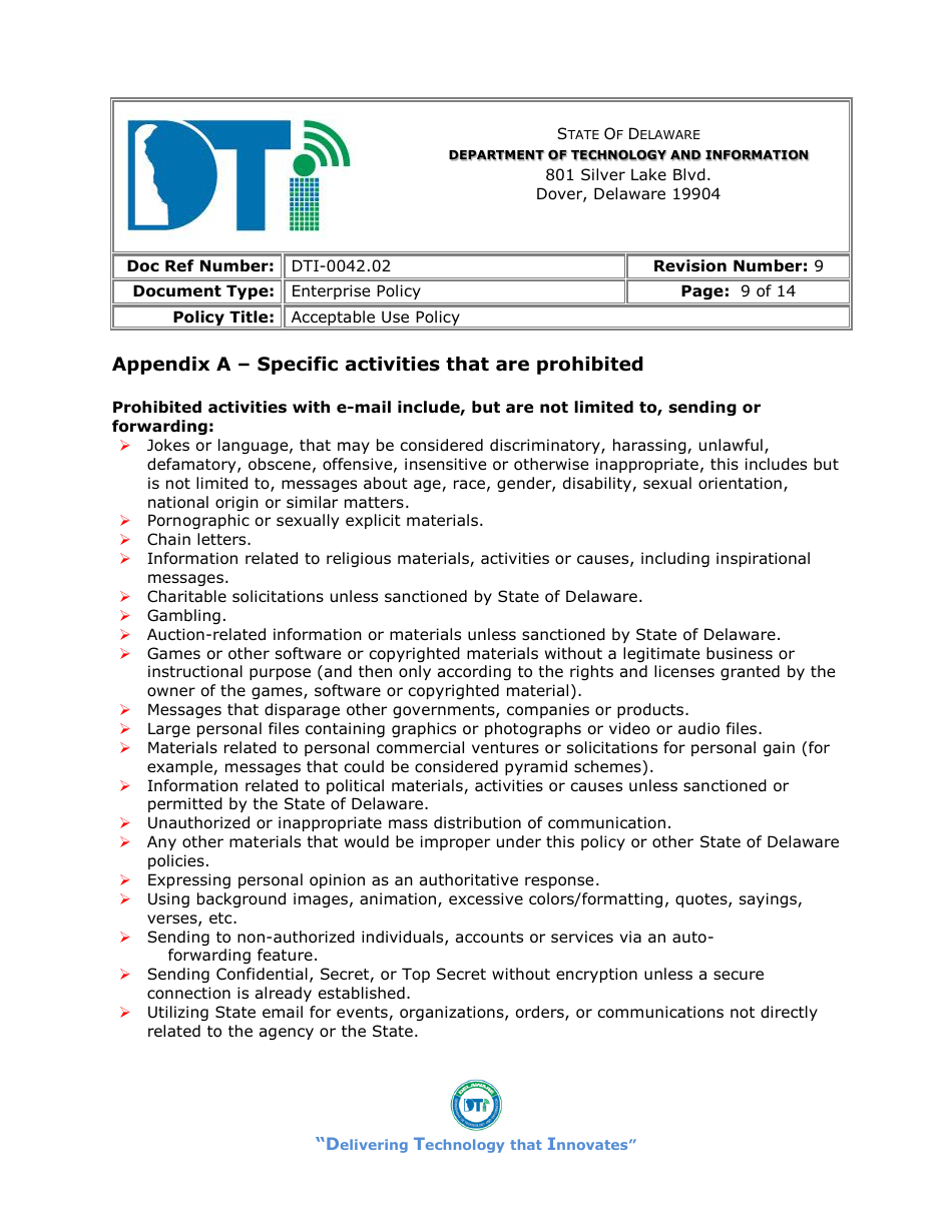 Form DTI-0042.02 Acceptable Use Policy Acknowledgment Statement - Delaware, Page 9