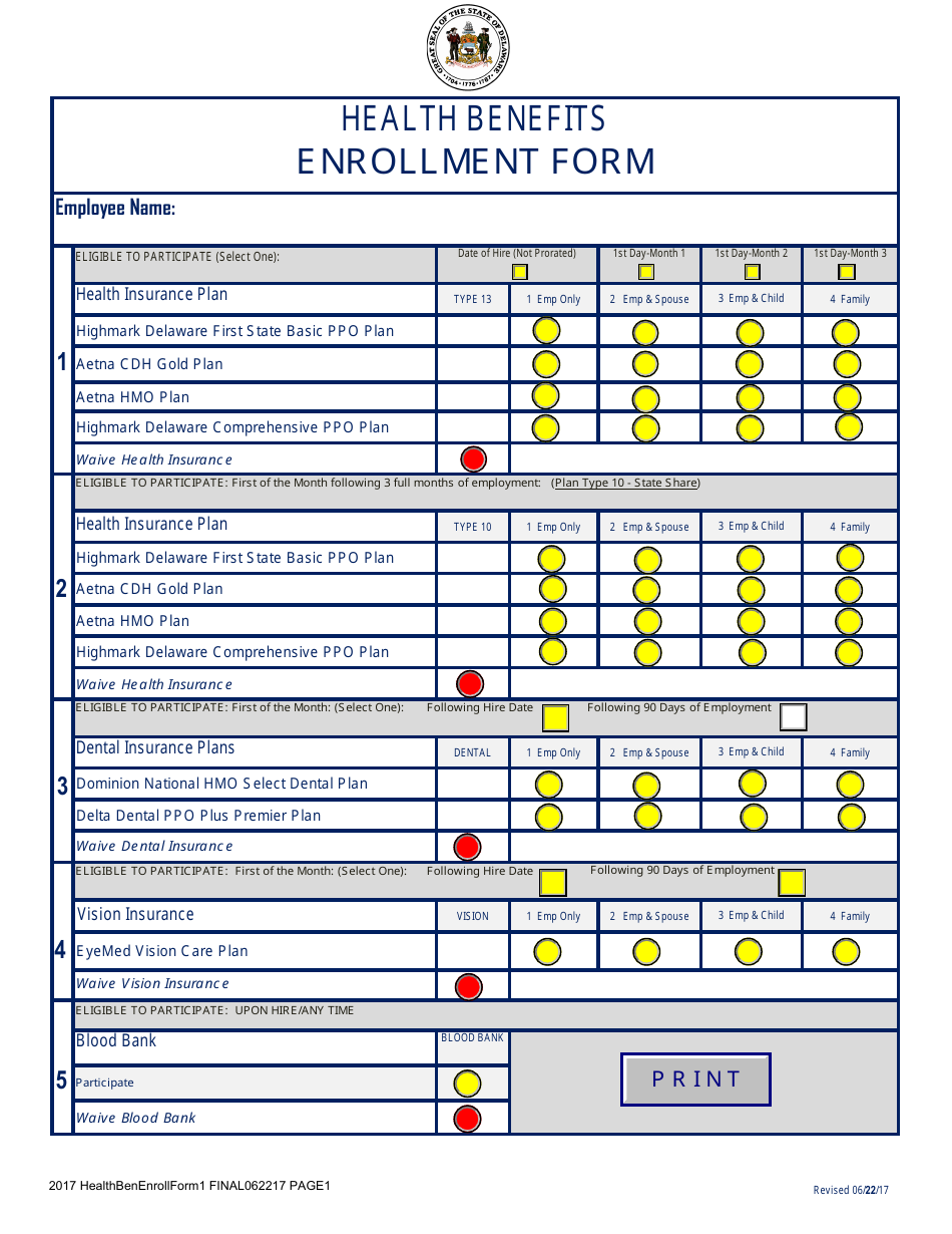 Health Benefits Enrollment Form - Delaware, Page 1