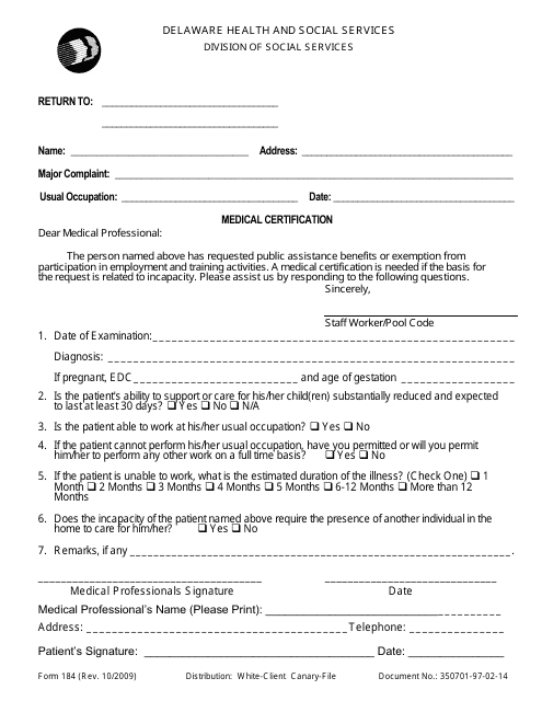 Form 184 Medical Certification Form - Delaware