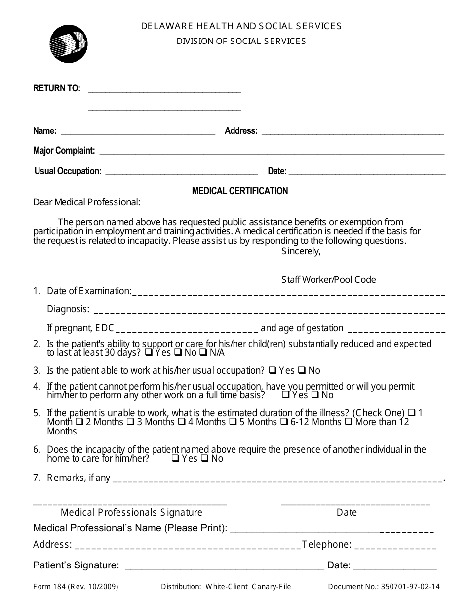 Form 184 Medical Certification Form - Delaware, Page 1