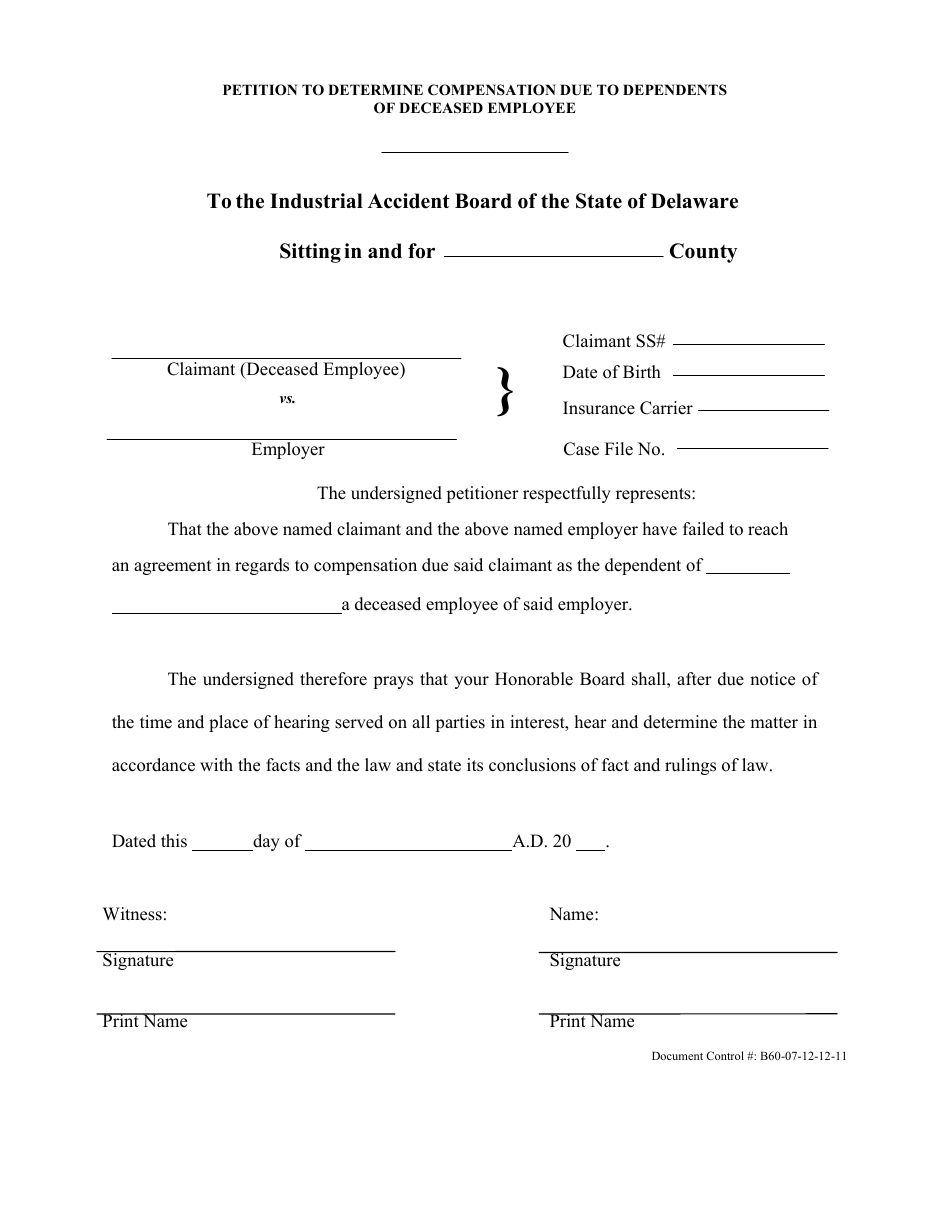 Petition to Determine Compensation Due to Dependents of Deceased Employee - Delaware, Page 1