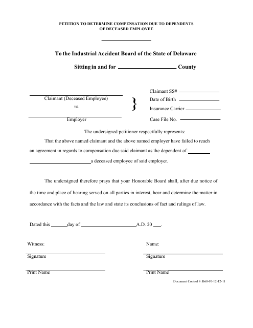 Petition to Determine Compensation Due to Dependents of Deceased Employee - Delaware Download Pdf
