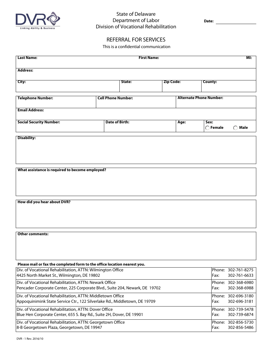 Form DVR-1 Referral for Services - Delaware, Page 1