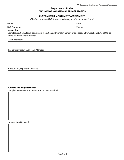 Customized Employment Assessment Form - Delaware