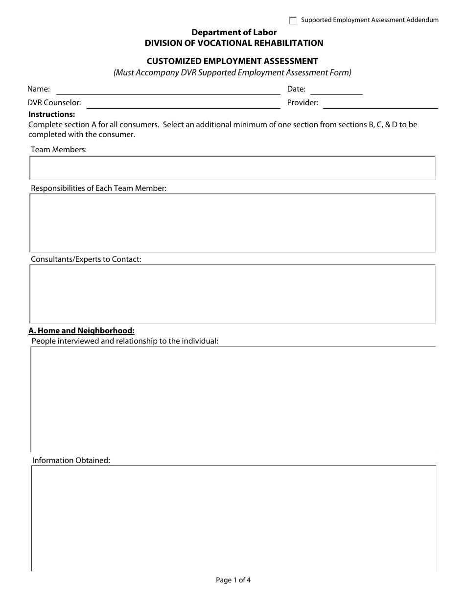 Customized Employment Assessment Form - Delaware, Page 1