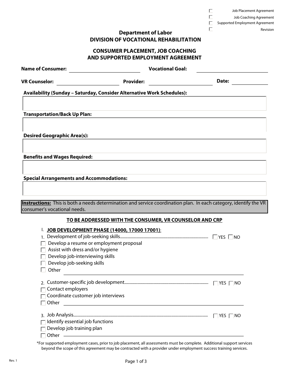 Consumer Placement, Job Coaching and Supported Employment Agreement Form - Delaware, Page 1