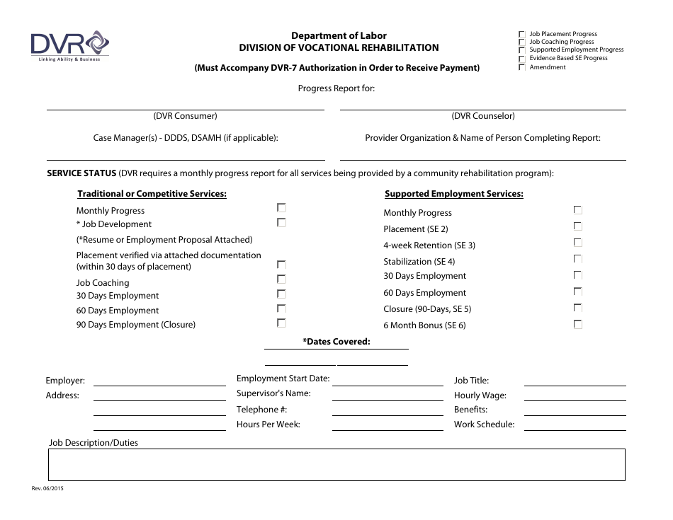 Dvr Job Placement - Coaching and Supported Employment Progress Report Form - Delaware, Page 1