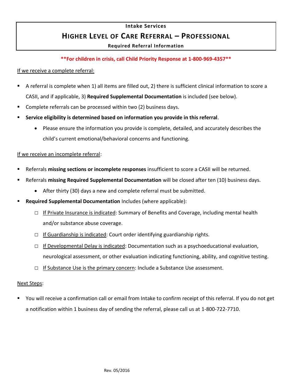 Intake Higher Level of Care Referral - Delaware, Page 1