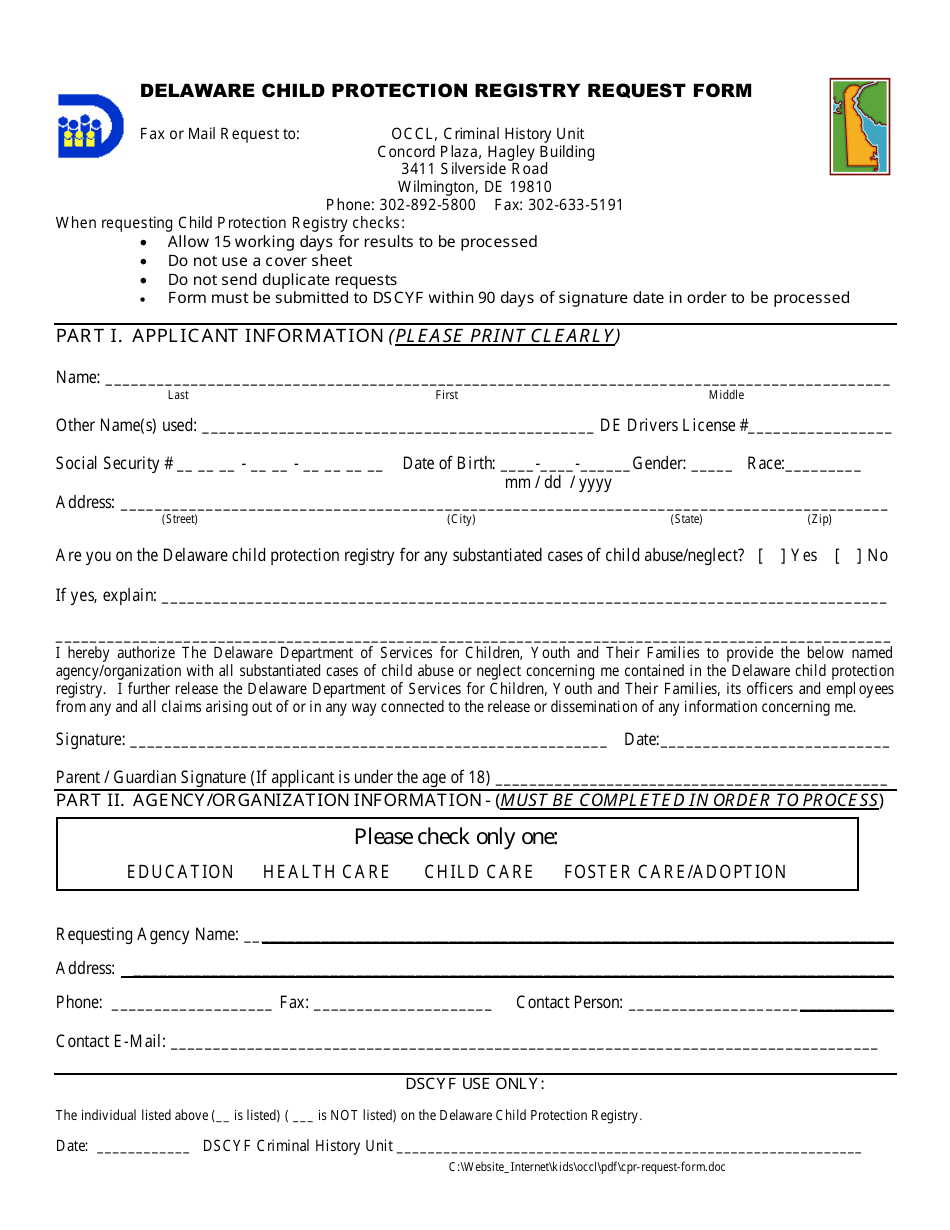 Delaware Child Protection Registry Request Form - Delaware, Page 1