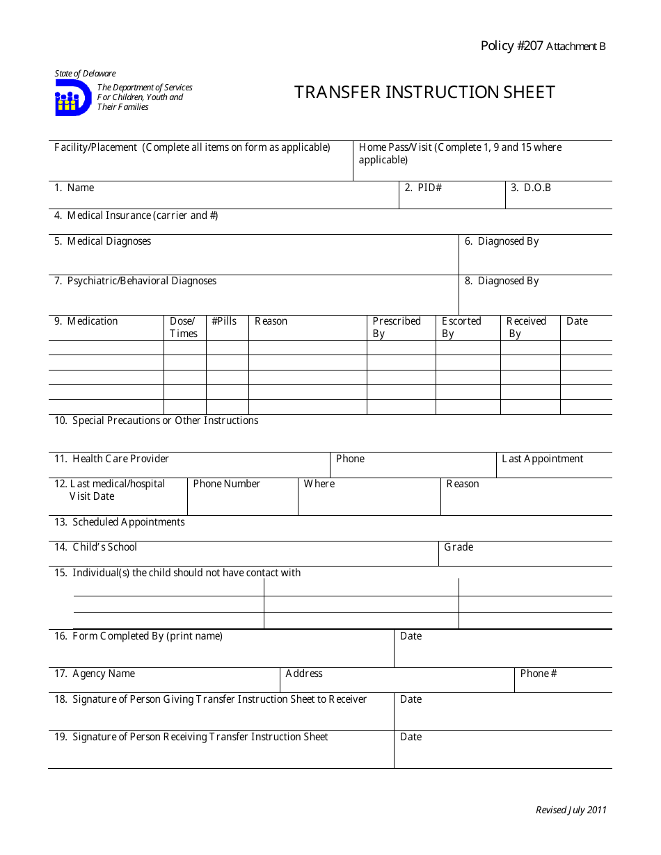 Transfer Instruction Sheet - Delaware, Page 1