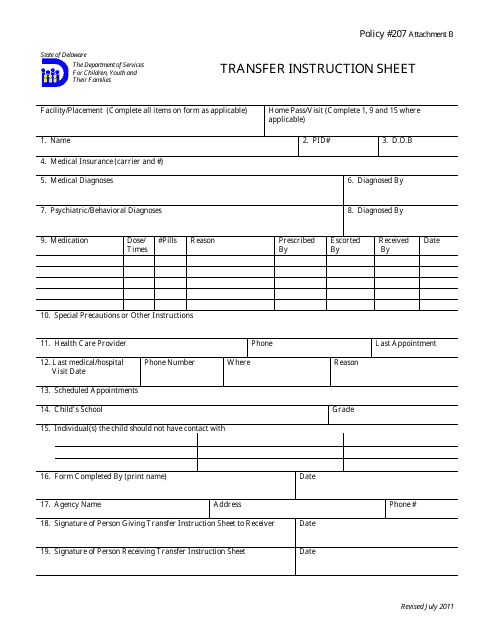 Transfer Instruction Sheet - Delaware