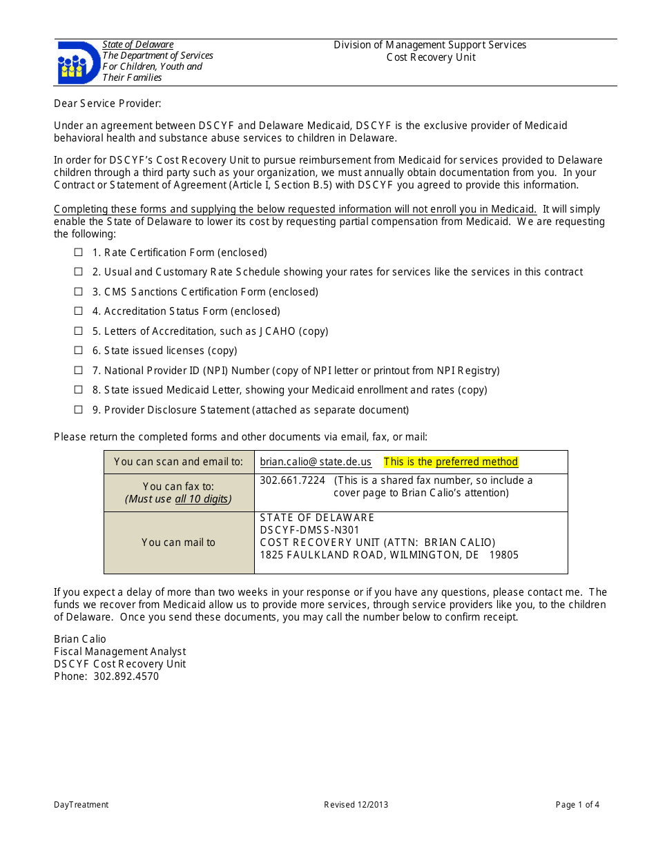 Rate Certification Form - Day Treatment - Delaware, Page 1