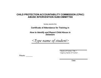 &quot;Certificate of Attendance for Training in How to Identify and Report Child Abuse&quot; - Delaware