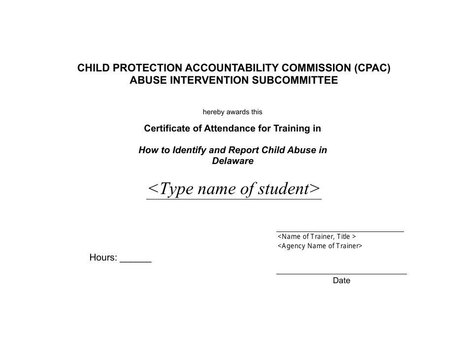 Certificate of Attendance for Training in How to Identify and Report Child Abuse - Delaware, Page 1
