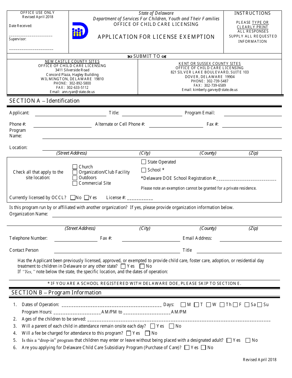 Application for License Exemption - Delaware, Page 1
