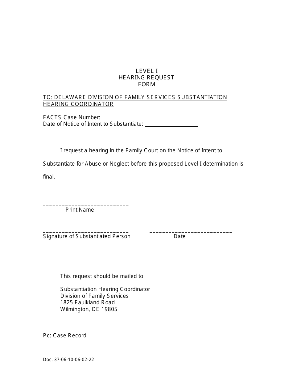 Level I Hearing Request Form - Delaware, Page 1