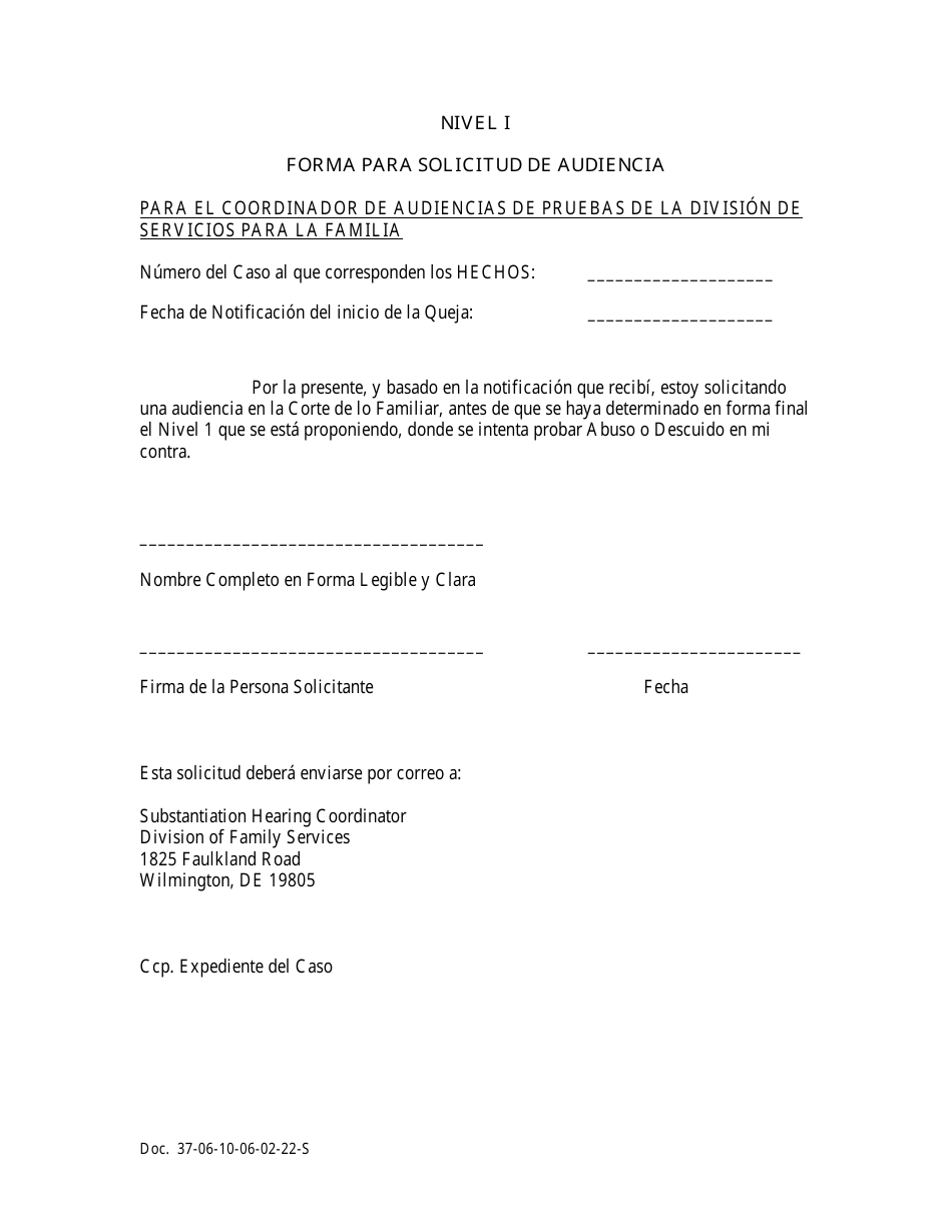 Delaware Nivel I Forma Para Solicitud De Audiencia (Spanish) - Fill Out ...