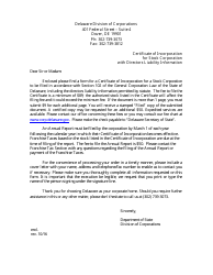 &quot;Certificate of Incorporation for Stock Corporation With Directors Liability Information&quot; - Delaware