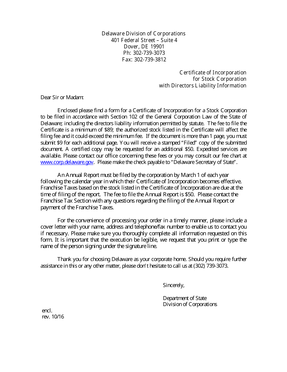 Certificate of Incorporation for Stock Corporation With Directors Liability Information - Delaware, Page 1