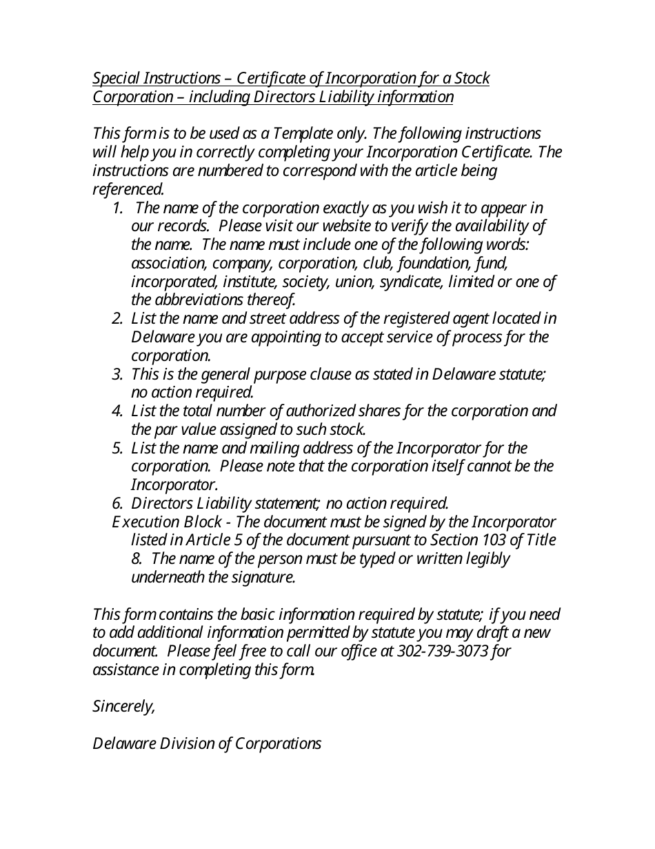 Certificate of Incorporation for Stock Corporation With Directors Liability Information - Delaware, Page 2