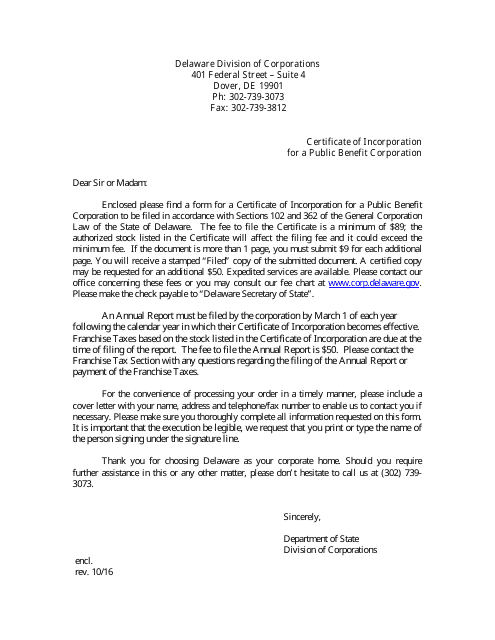 Certificate of Incorporation for a Public Benefit Corporation - Delaware Download Pdf
