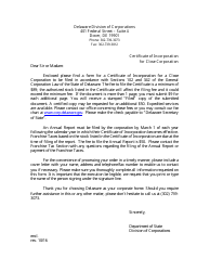 Certificate of Incorporation for Close Corporation - Delaware