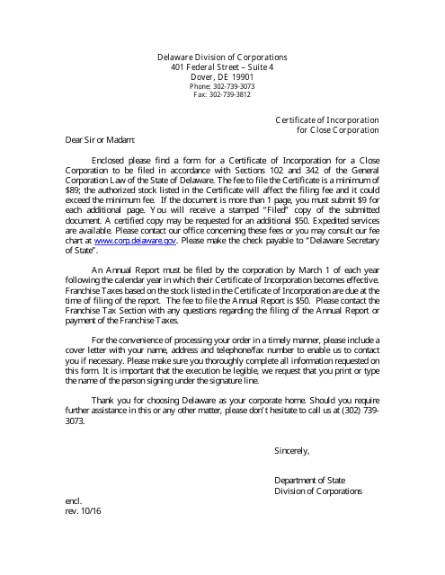 Certificate of Incorporation for Close Corporation - Delaware Download Pdf