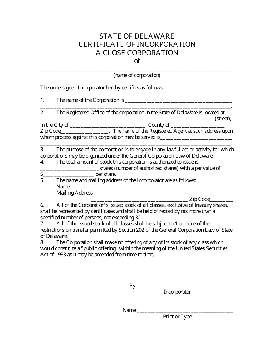 Certificate of Incorporation for Close Corporation - Delaware, Page 3