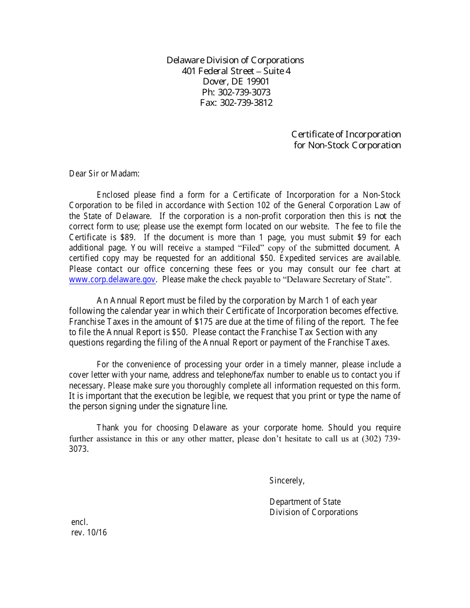 Certificate of Incorporation for Non-stock Corporation - Delaware, Page 1