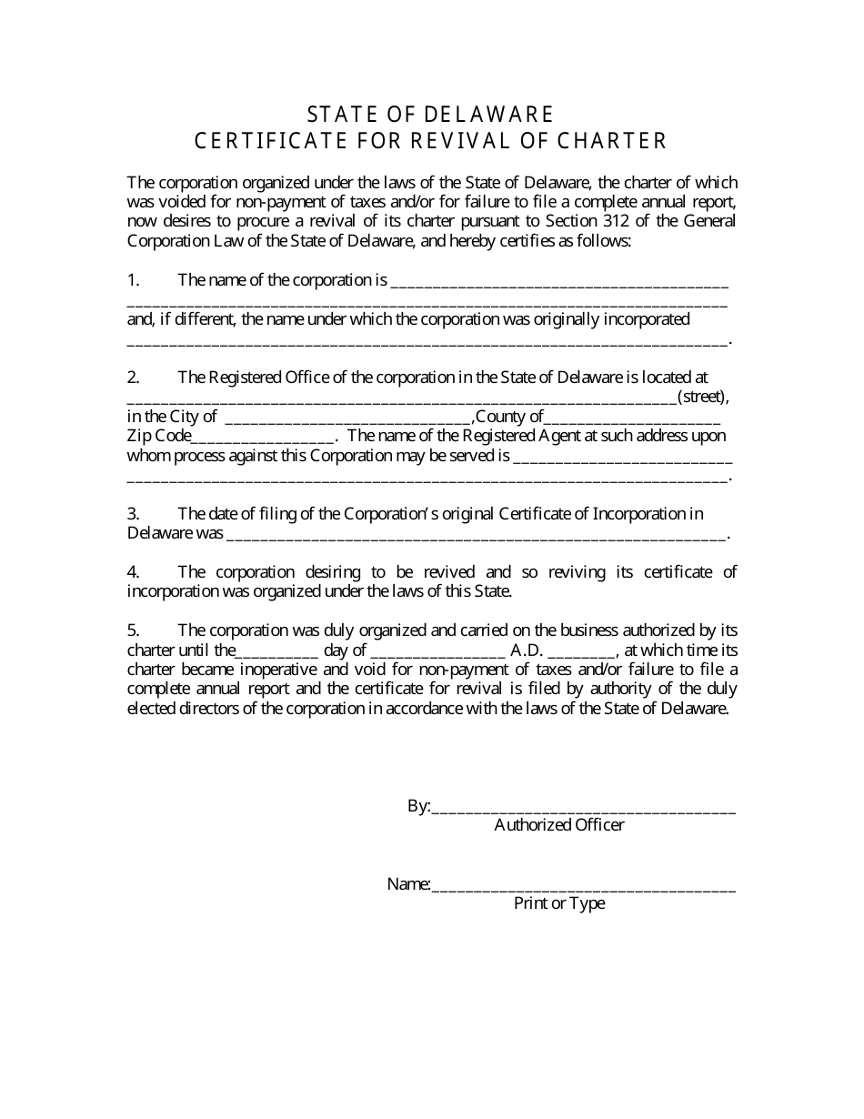 Delaware Certificate of Revival of Charter for a Voided Corporation