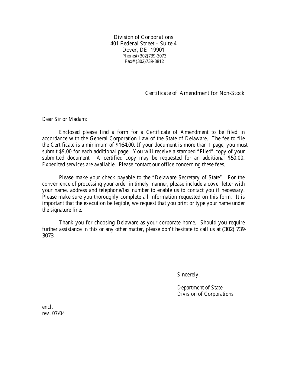 Certificate of Amendment for Non-stock - Delaware, Page 1