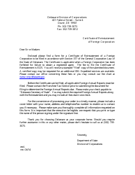 Certificate of Reinstatement of Foreign Corporation - Delaware