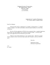 &quot;Application for Transfer of Reservation of Limited Liability Company Name&quot; - Delaware