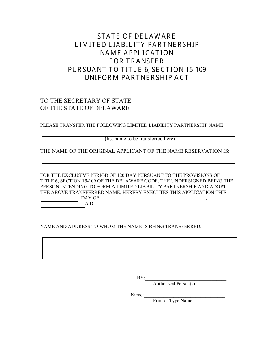 Application for Transfer of Limited Liability Partnership Name - Delaware, Page 2