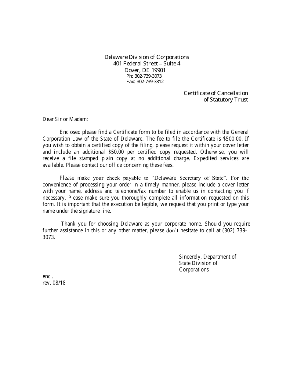 Certificate of Cancellation of Statutory Trust - Delaware, Page 1