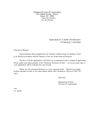 Application for Transfer of Reservation of Statutory Trust Name - Delaware