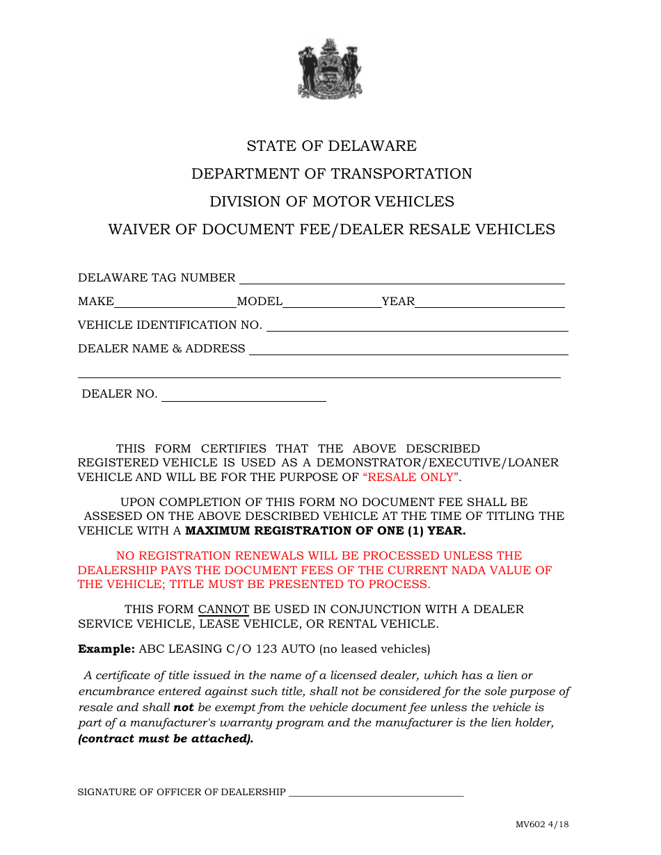 Form MV602 Waiver of Document Fee / Dealer Resale Vehicles - Delaware, Page 1