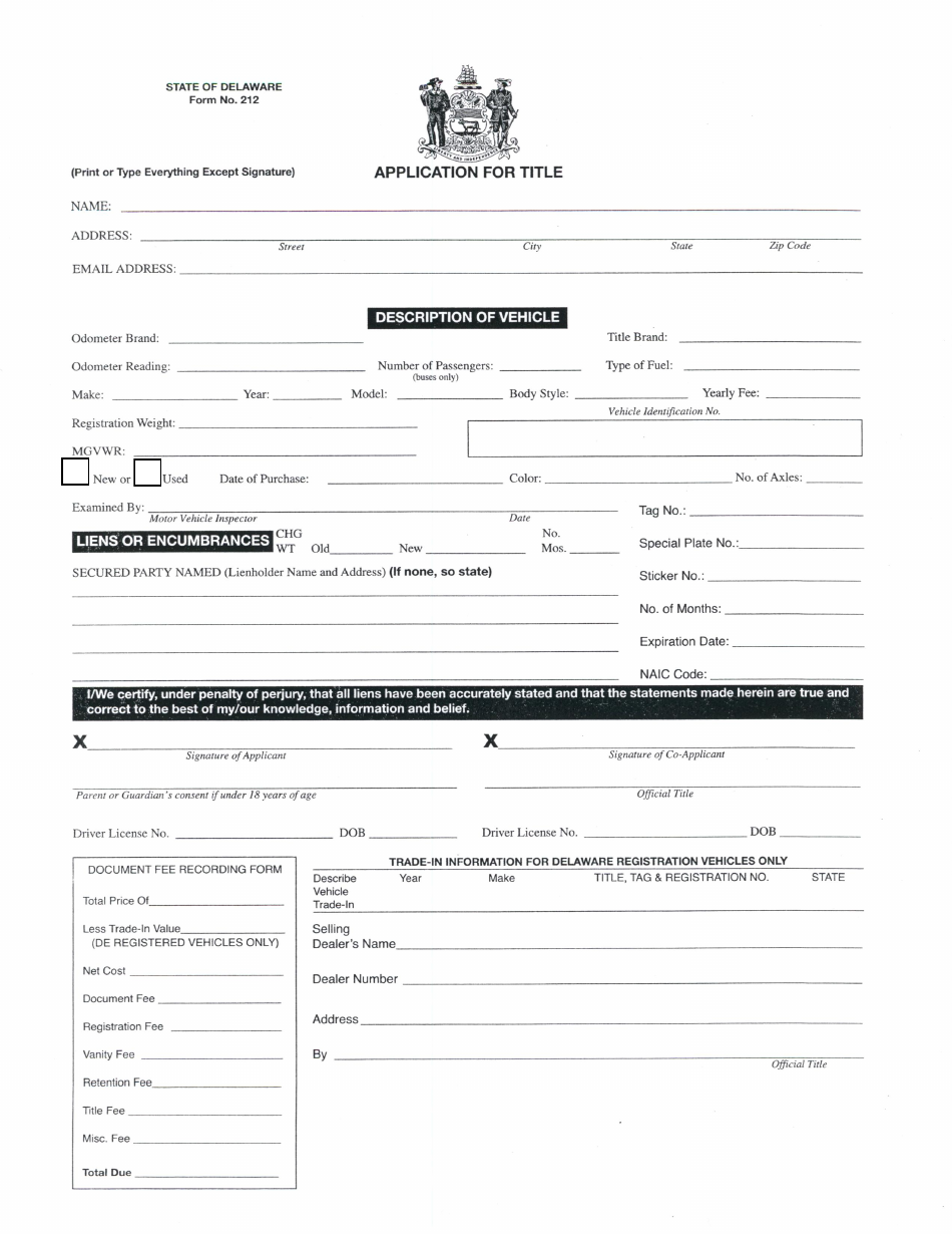 Form MV-212 Application for Title - Delaware, Page 1