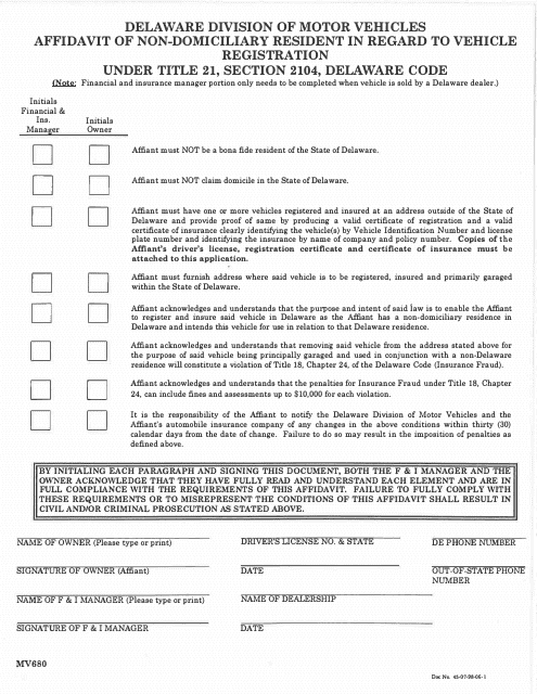 Form MV680 Affidavit of Non-domiciliary Resident in Regard to Vehicle Registration Under Title 21, Section 2104, Delaware Code - Delaware